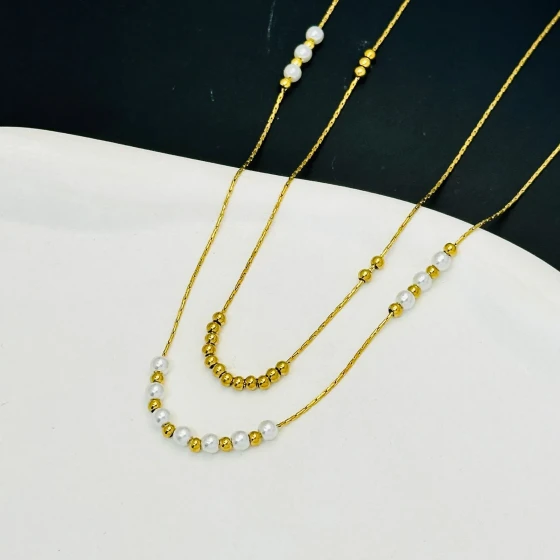 13Little White Pearl13Small gold bead titanium steel light luxury necklace, fashionable and elegant collarbone chain, simple and versatile metal necklace for women