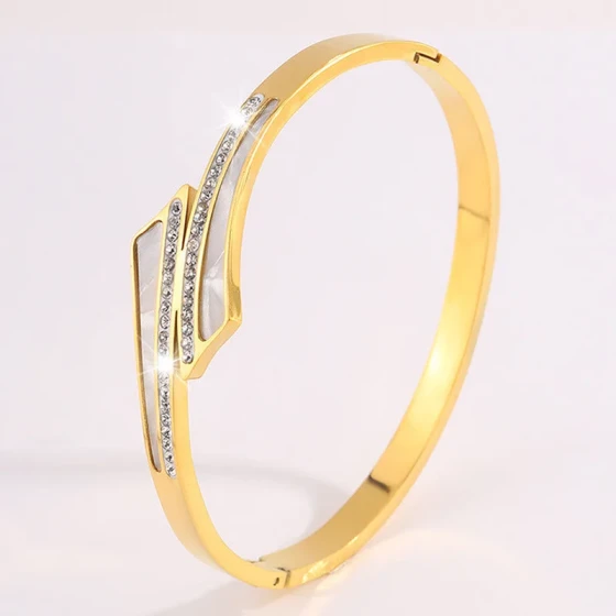 Titanium steel bracelet with white mother-of-pearl and diamonds, non-fading, light luxury, high-end feel, stainless steel bracelet, simple wristband