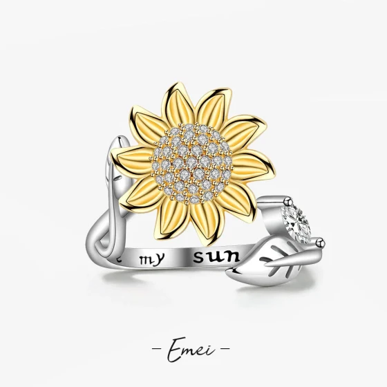 AliExpress bestseller adjustable sunflower rotating ring with diamonds, simple and versatile, popular anti-stress ring accessory