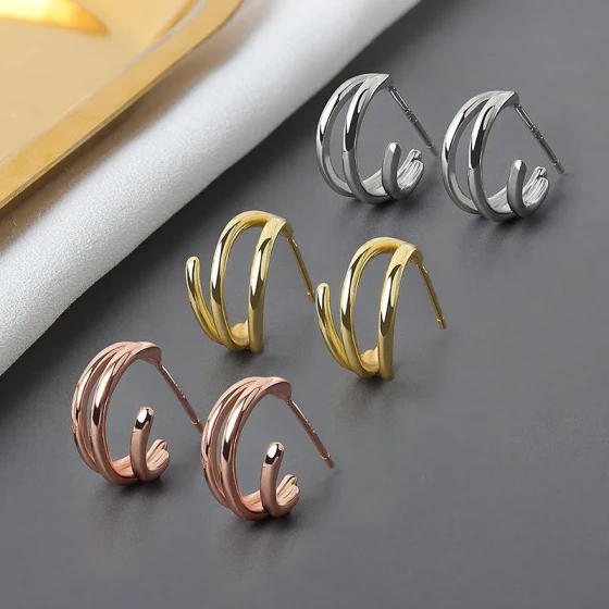 S925Silver needle Korean new style personalized simple semi-circle C Fashionable and versatile earrings for girls