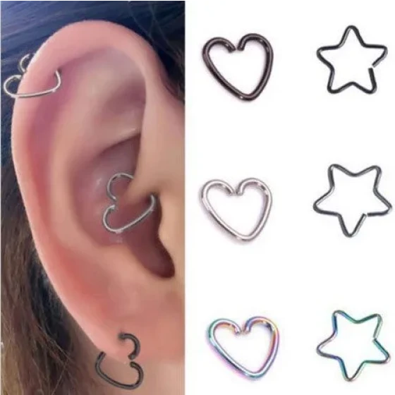 Piercing jewelry: heart-shaped ear cartilage stud, heart-shaped nose ring, earrings for double ear piercings, simple stainless steel jewelry