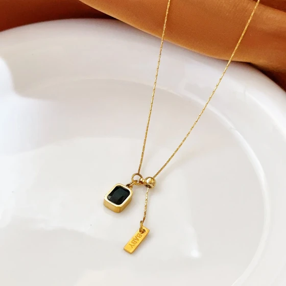 Adjustable Pull-Chain Square Multicolor Zircon Crystal New Titanium Steel Necklace for Women, High-End Trendy Clavicle Chain