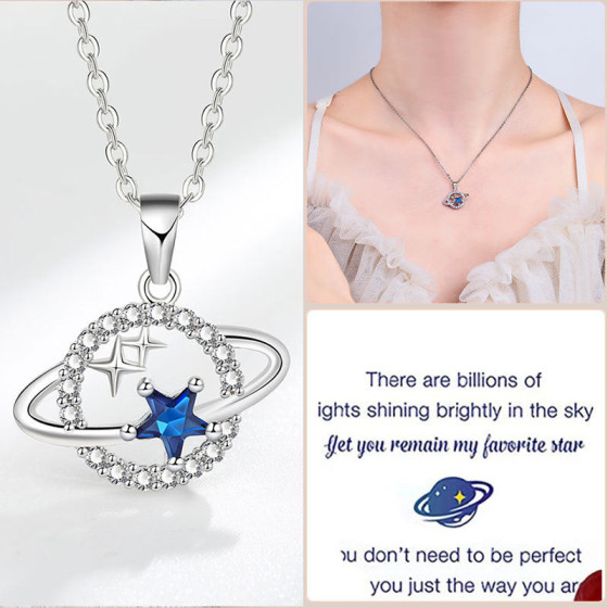 Women's Planet Necklace with Blue Zircon, Unique Simple Trendy Dreamy Style, Diamond-Embellished Light Luxury Star Clavicle Chain