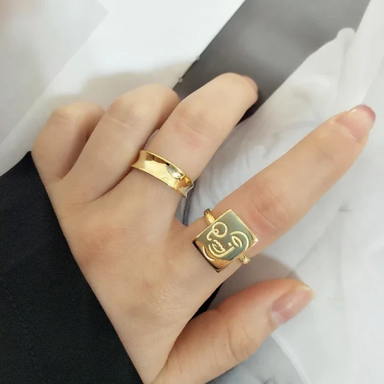 New simple concave ring with cute and playful expressions, rectangular engraved adjustable open ring, women's accessory