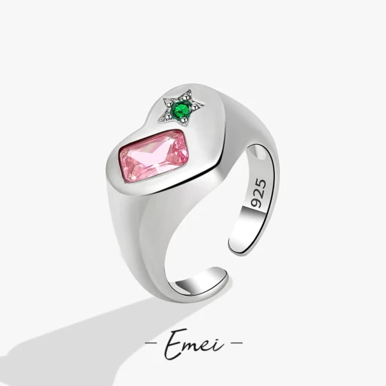 Japanese retro pink diamond heart ring, simple green diamond star zircon ring, women's stylish and unique fashion jewelry