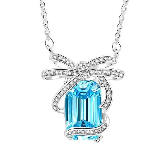 New Japanese-style necklace with aquamarine pendant, light luxury niche blue bow clavicle chain, popular crystal jewelry for women