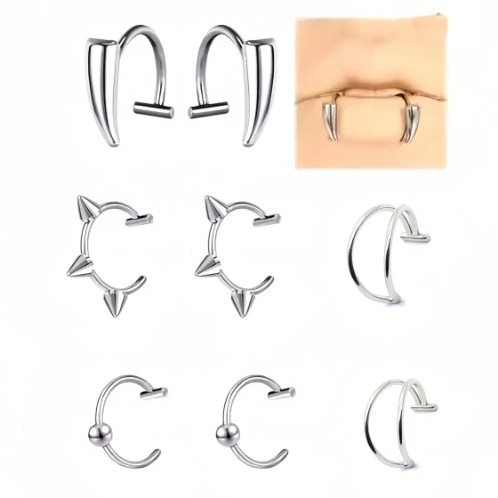 Stainless steel, no drilling required C Pointed Cone Fang Lip Ring Set Lip accessories