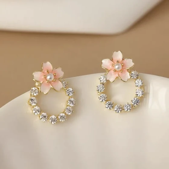 Japanese-style cherry blossom earrings, cute and sweet, forest-themed floral earrings for women, new natural ear accessories
