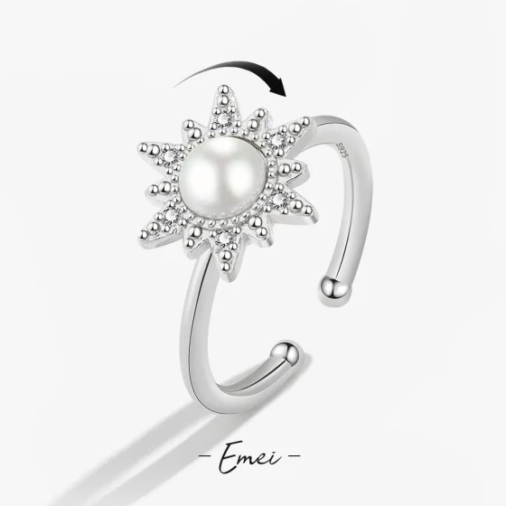Korean-style fashionable sunflower rotatable ring, creative freshwater pearl open ring, elegant and luxurious accessory