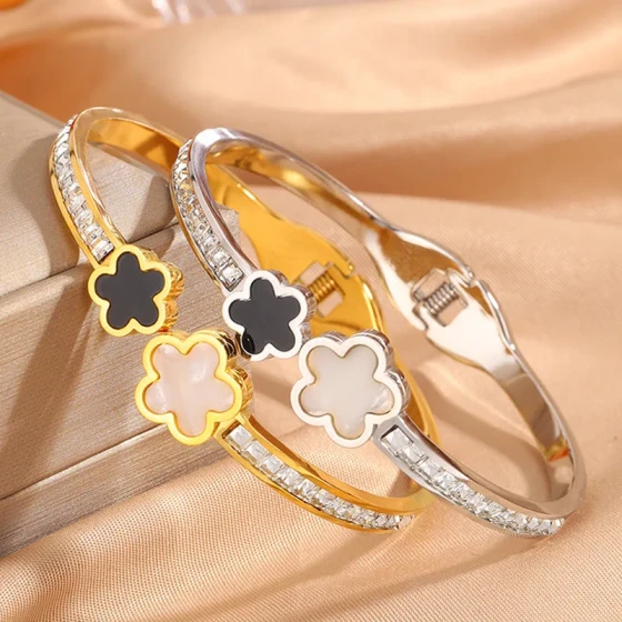Korean light luxury full zircon double-headed flower stainless steel bracelet for women, popular among influencers, niche style ins Spring-open jewelry