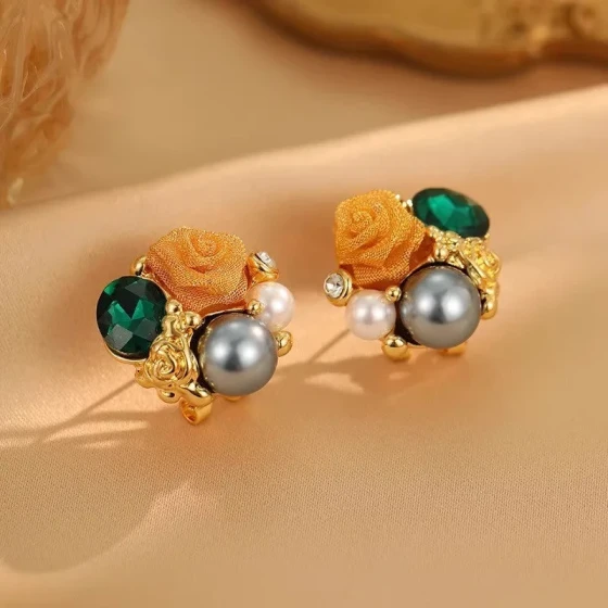 @Special offer vintage French romantic elegant rose flower earrings, high-end exquisite green floral earrings