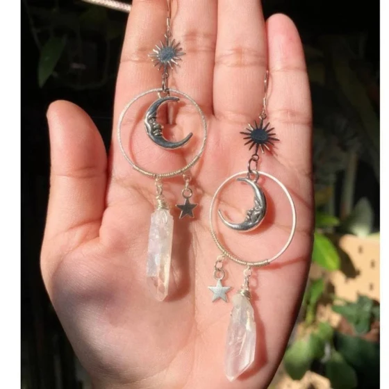 Gothic silver Star and Moon Pendant Earrings Irregular Natural White Crystal Pendant Earrings