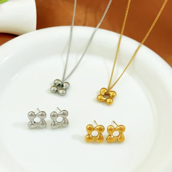 Rotating Flower Titanium Steel Necklace and Earring Set for Women, Light Luxury, Exquisite, Fashionable, Elegant, Unique, Niche, Non-Fading