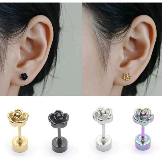 Trendy Women's Rose Flower Stainless Steel Earrings Simple and Unique Vacuum Electroplated18K Small amount of jewelry
