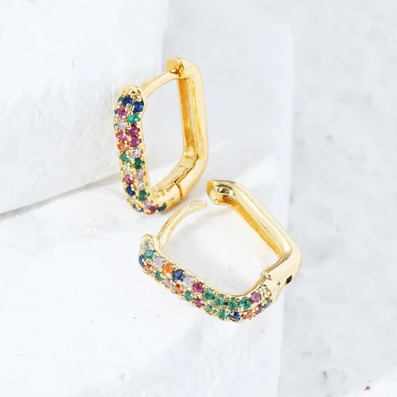 New European and American niche luxury single-sided colorful zircon square earrings plated with real gold for women
