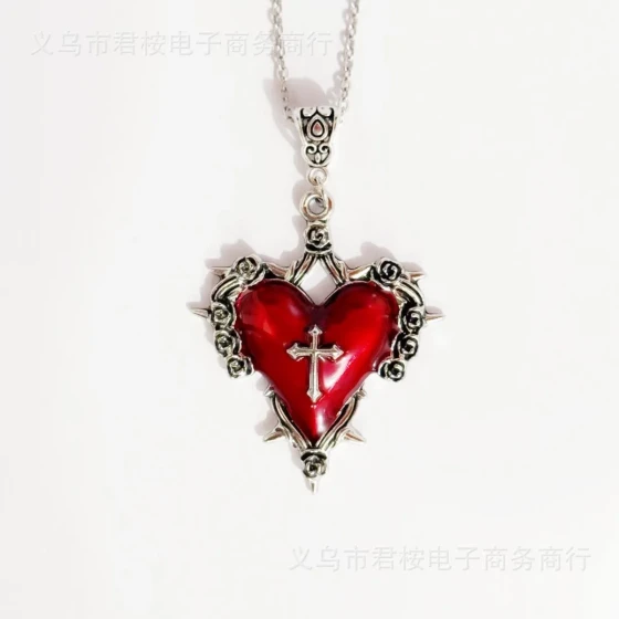Original thorn red heart necklace, liquid metal gothic large heart pendant necklace