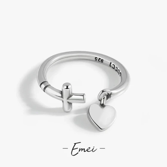 Korean-style layered hip-hop single ring, vintage Thai silver double-layer cross heart-shaped open ring