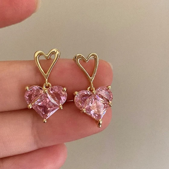 Fashionable Super Shiny Crystal Heart Earrings for Women, Summer Style ins Korean-style minimalist and exquisite new earrings