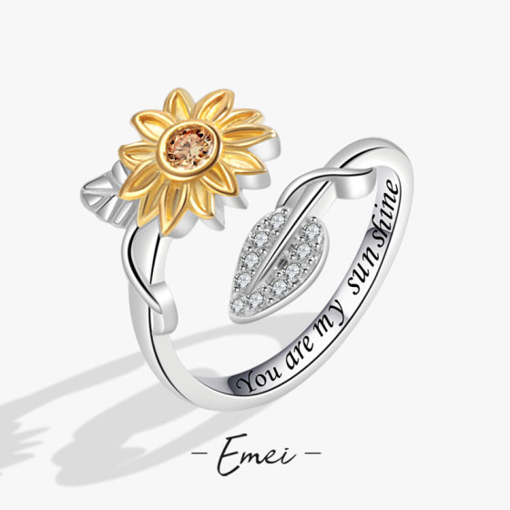 New sunflower and daisy flower ring with a stylish design, stress-relief open ring with English lettering