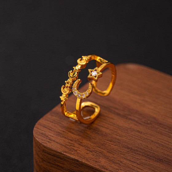 Vintage Geometric Open Ring with Micro-Inlaid Zircon, Elegant Light Luxury Star-Moon Double-Layer Ring, Popular European and American Women's Jewelry