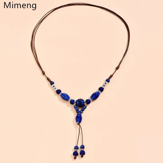 Ethnic Style Blue Triangle Ceramic Tassel Bead Necklace for Women, Fashionable Handmade Vintage Sweater Chain, Collarbone Chain