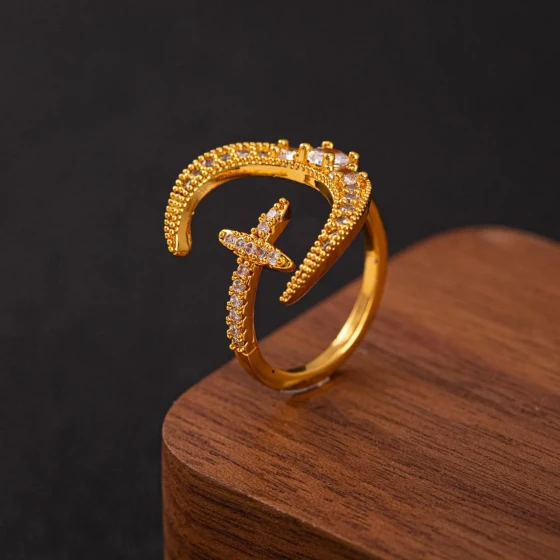Copper inlaid zircon moon and star open ring, niche design with a sense of sophistication and individuality