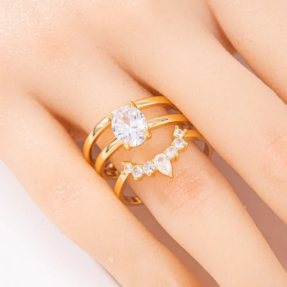 New fashionable light luxury copper inlaid zircon ring three-piece set for women, niche high-end plain ring