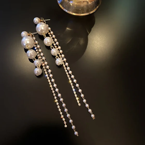 @Special Offer@ Korean Pearl Long Tassel Earrings with Diamonds, Elegant and Unique, Trendy Stud Earrings for Women
