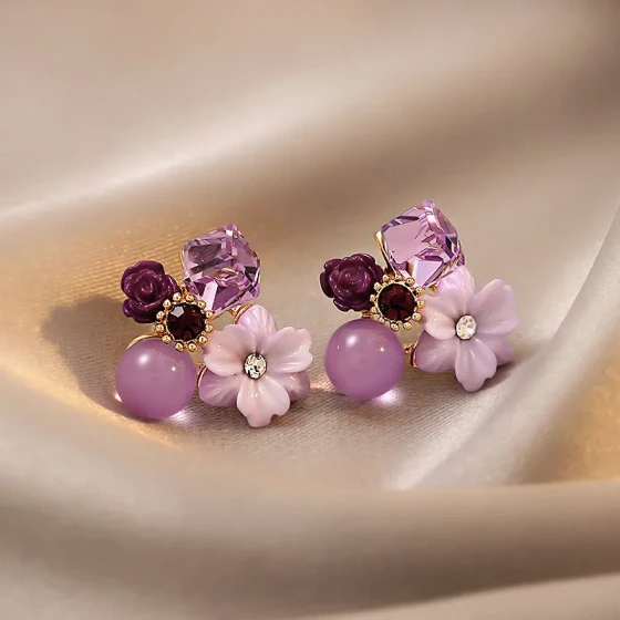 Maple Vintage Purple Zircon Flower Earrings, Unique Design Stud Earrings, New Year's Model, Elegant and Gentle