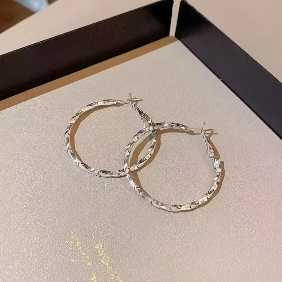 s925Silver needle Korean style new twisted texture circle earrings, unique and exaggerated large hoop earrings for women