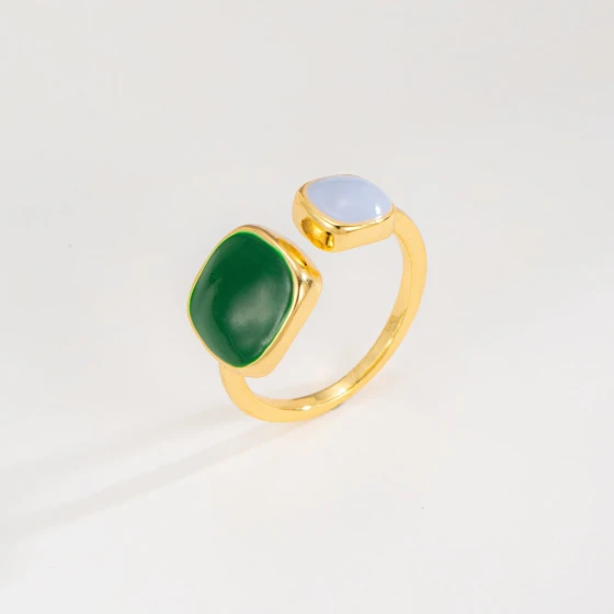 Green oil-drip square ring with a light luxury and high-end feel, niche minimalist design ring for women