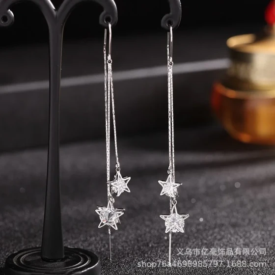 Dongdaemun Exquisite Zircon Lucky Star Pentagram Tassel Anti-Loss Ear Thread s925Silver Needle Long Earrings for Women