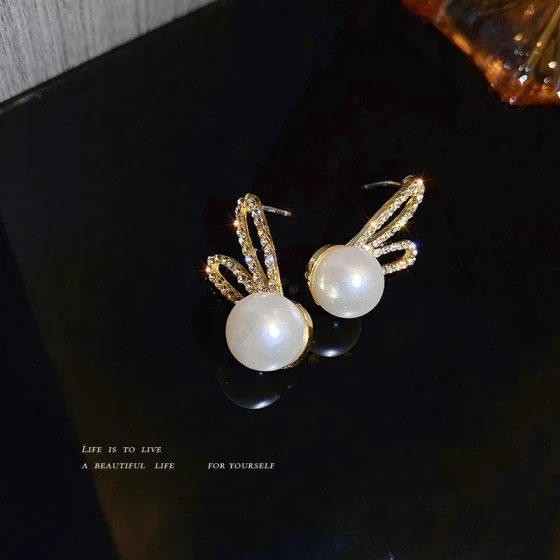 Diamond-studded bunny ear stud earrings, Korean cute bunny earrings, sweet and compact, best friend earrings for women