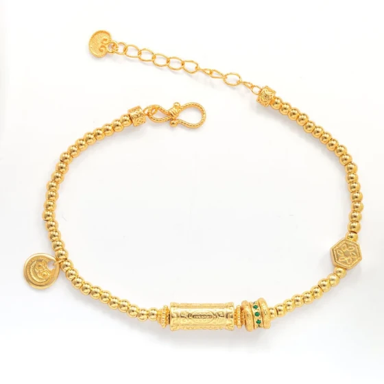 Auspicious Goddess Bracelet in Gold Color with Engraved Ethnic Style, Fashionable Women's Design with Tibetan Rope and Barrel Beads diy Bracelet