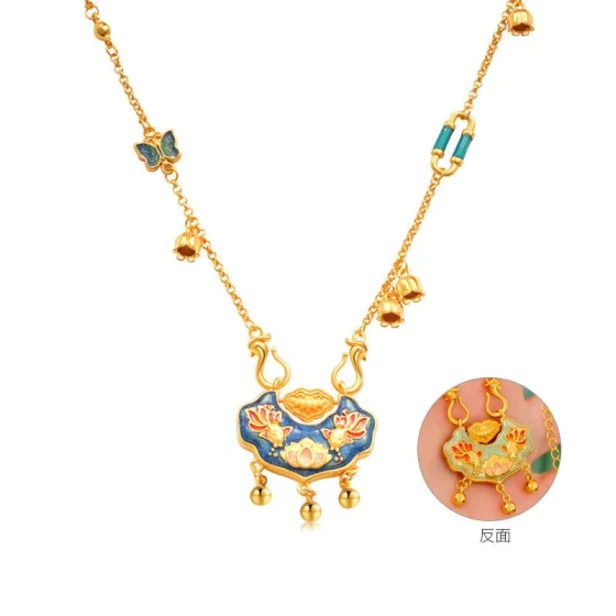 New Chinese-style gold-plated koi fish and peony flower wish-fulfilling lock necklace, vintage national style, unique burnt blue enamel jewelry