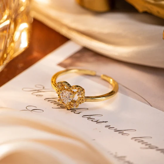 New Heart-Shaped Micro-Inlaid Zircon Ring gold Fashionable and Elegant Goddess Open Ring with a Sense of Light Luxury Design