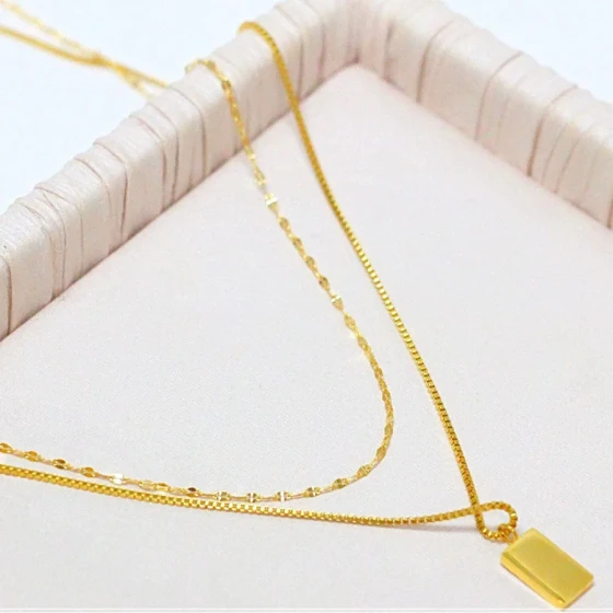 Geometric Square Pendant Necklace for Women, Titanium Steel, Non-Fading gold Double-Layered Collarbone Chain, Minimalist Style, Unique Neck Chain