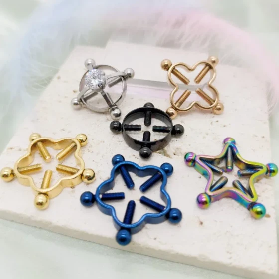 Stainless steel circular pentagram Plum Blossom 4Screw-on non-pierced breast jewelry Sexy bell-shaped zircon nipple rings