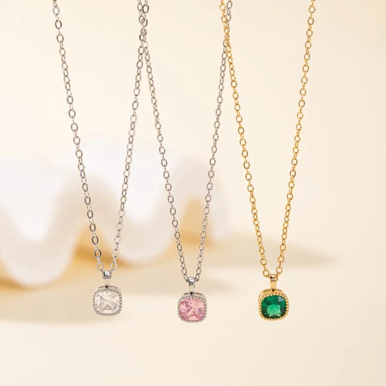 Luxury small square diamond pendant, new Chinese-style necklace, pink and green zircon necklace, gift for girlfriend on Double Eleven Day