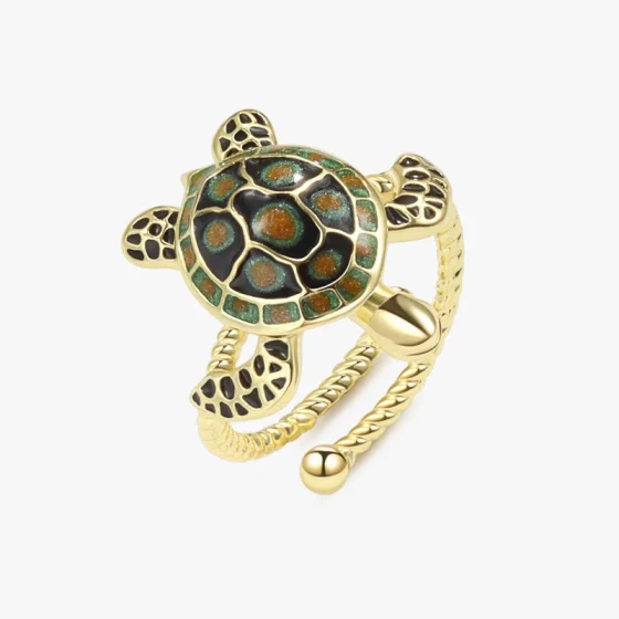 Vintage Enamel-Like Turtle Ring with Resin Inlay, Ocean and Animal Open Ring Accessory