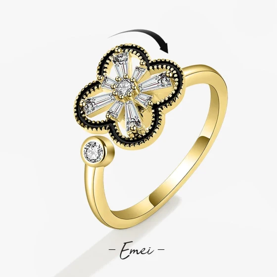 Korean-style elegant micro-inlaid zirconia rotating stress-relief four-leaf clover ring, adjustable open design, fashionable light luxury style ring for women