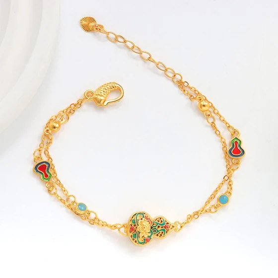 Vietnamese gold-plated court-style enamel non-fading gourd and lotus double-layer bracelet for women, vintage Chinese-style jewelry