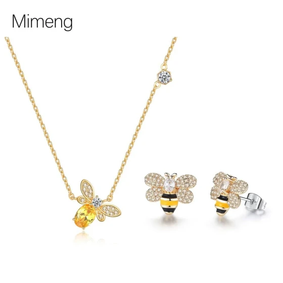 New Japanese and Korean foreign trade products: Bee zircon earrings and necklace for women, light luxury, fashionable, cute, versatile earrings and collarbone chain