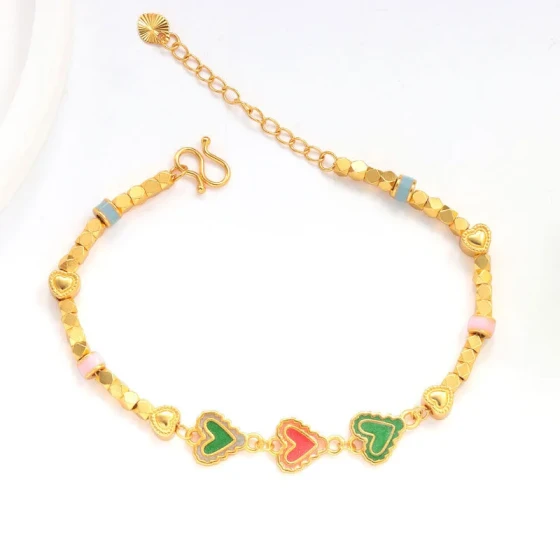 New Chinese-style dazzling dopamine disco beads heart bracelet, ancient-style sand gold color-retaining enamel heart jewelry bracelet