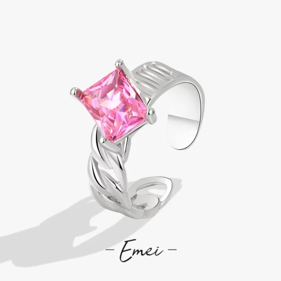 Sweet and Cool Style silver Chain-Link Pink Square Zircon Open Ring for Women, Elegant Transparent Index Finger Ring, Trendy