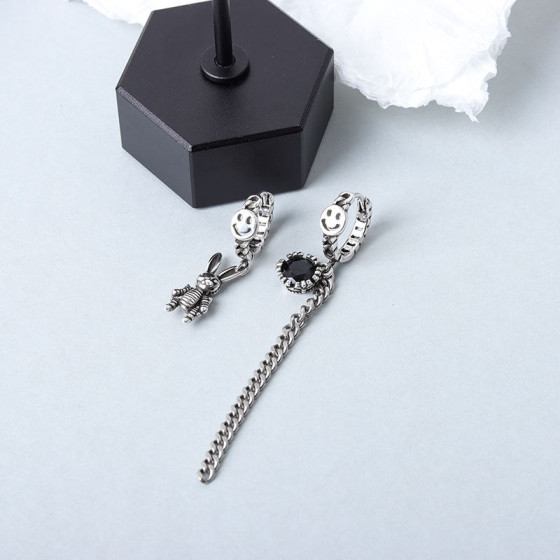 2020Dongdaemun, South Korea925Asymmetric Sterling Silver Rabbit Earrings, Korean Style Thai Silver Tassel Chain Rabbit Earrings