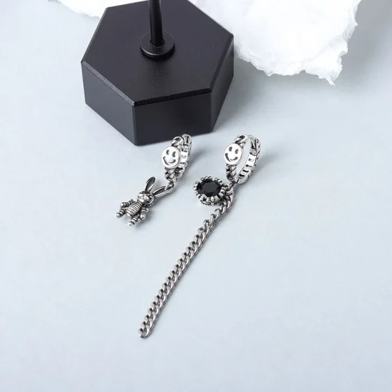 2020Dongdaemun, South Korea925Asymmetric Sterling Silver Rabbit Earrings, Korean Style Thai Silver Tassel Chain Rabbit Earrings
