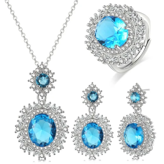 New luxury three-piece jewelry set featuring a sea blue topaz ring, citrine earrings, and pink diamond necklace