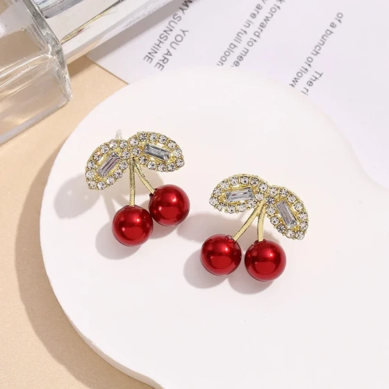New sweet cherry earrings with full diamonds, fashionable and unique niche design pearl earrings for women
