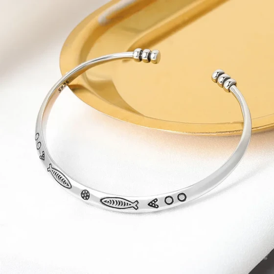 Thai Chiang Mai ethnic style handmade bracelet, vintage, open and adjustable Thai silver engraved unisex bracelet